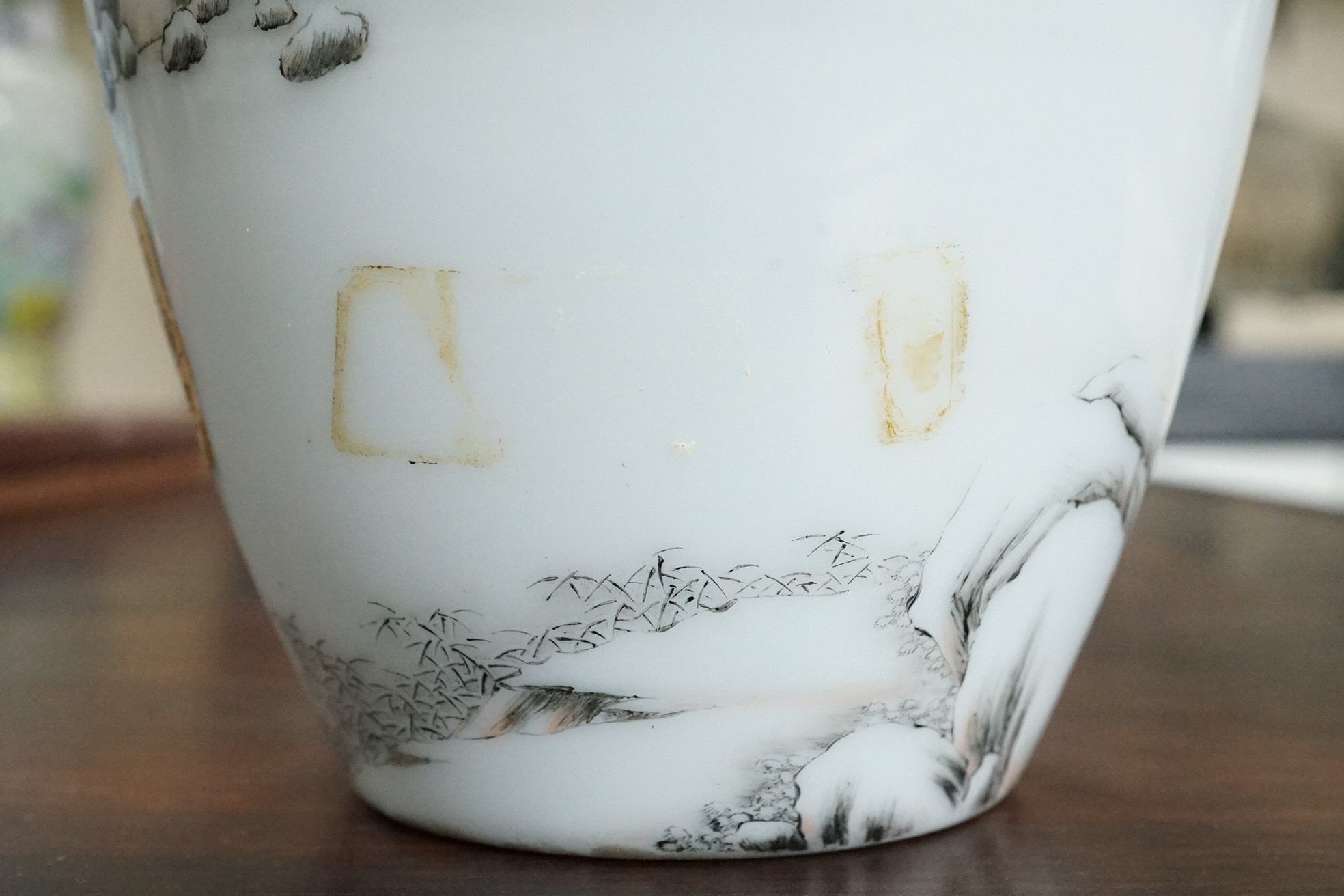 A Chinese inscribed enamelled porcelain ‘Winter landscape’ vase, Qianlong four character mark but Republic period